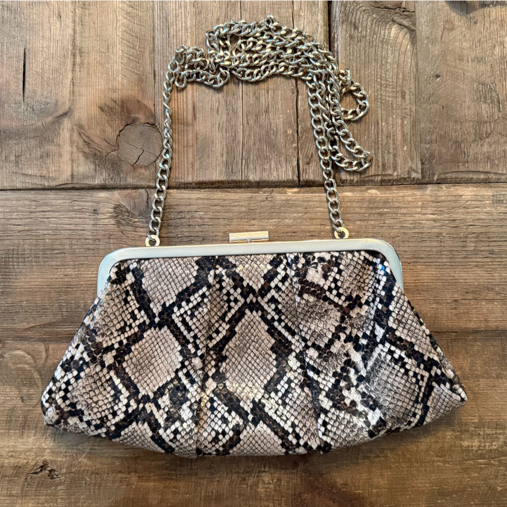 Python-Print Chain Strap Clutch Shoulder Bag - Br… - image 4